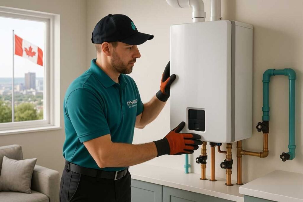 A modern tankless water heater installed on a clean tiled wall in a home.