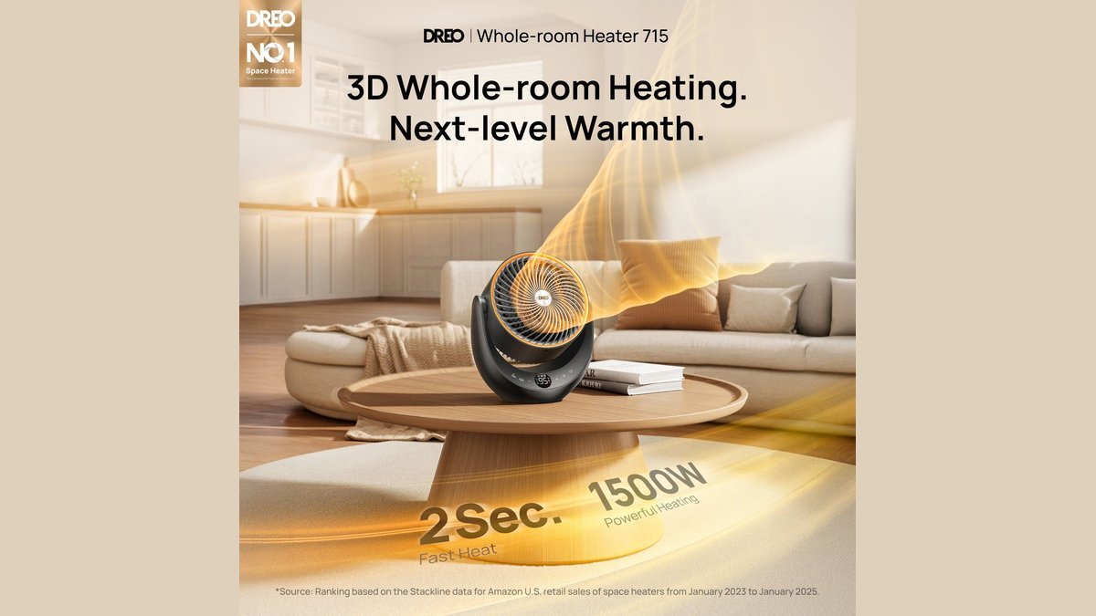 A modern space heater provides warmth in a cozy, well-lit living room.