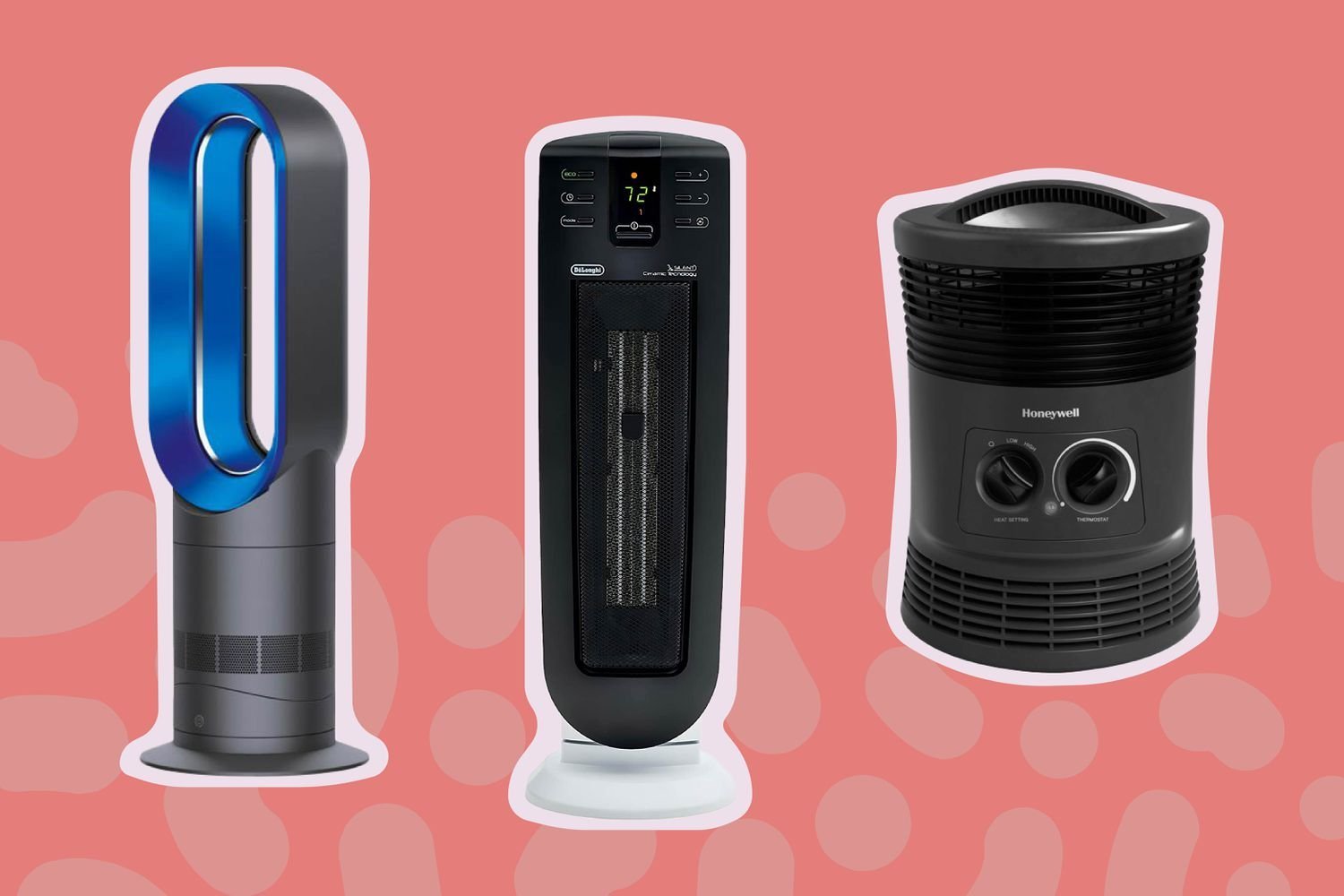 A modern space heater provides cozy warmth in a bright, minimalist living room.