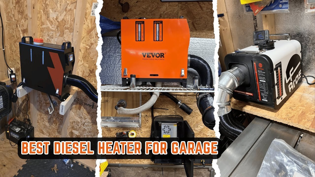 A modern diesel heater provides warmth inside a clean and organized workshop space.