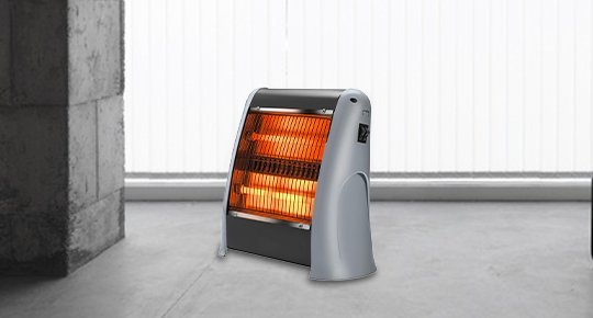 A modern electric space heater warming a minimalist living room during wintertime.