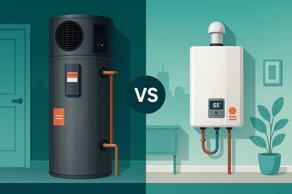 A modern gas water heater installed in a clean and organized basement space.