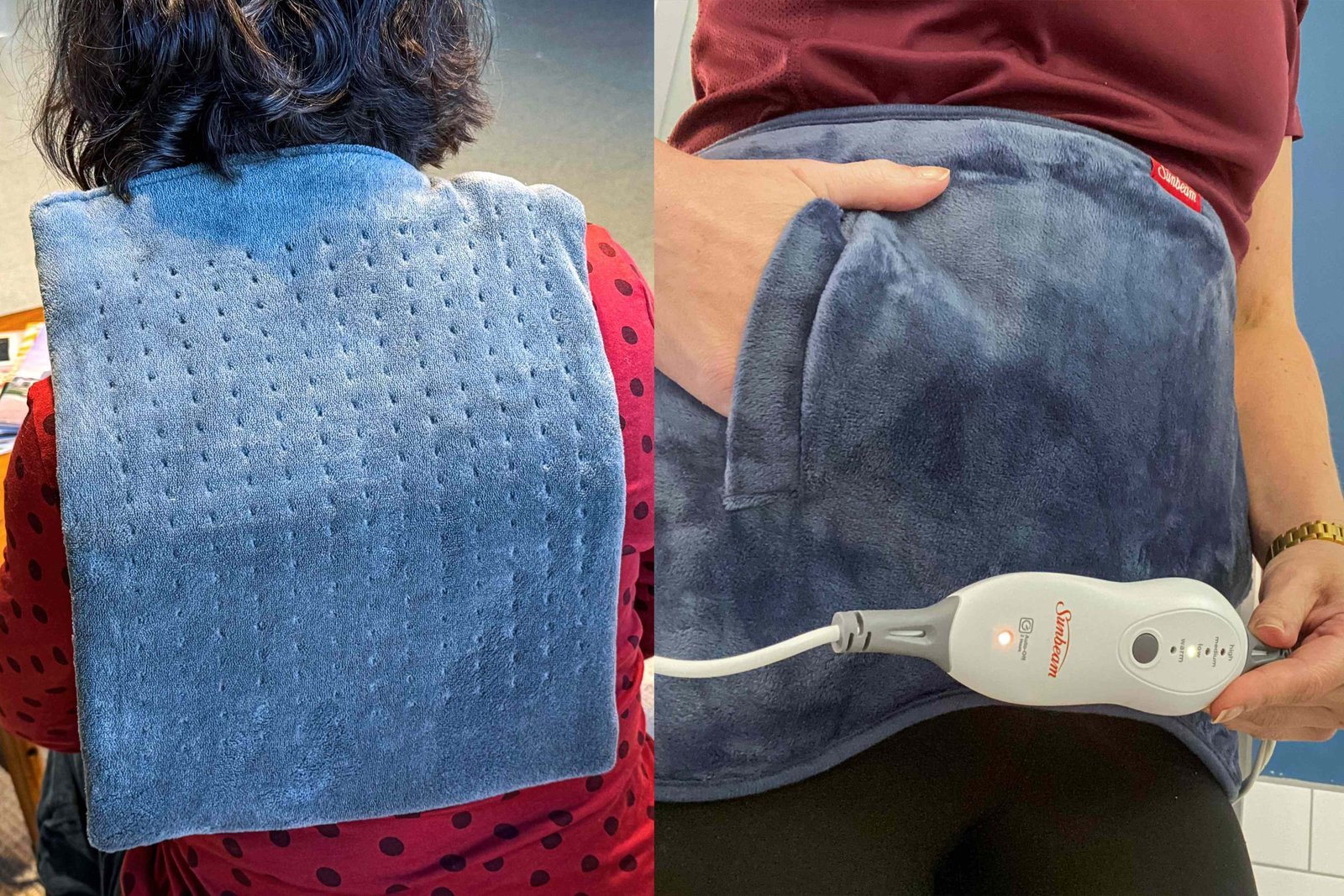 A comfortable heating pad resting on a wooden table in a cozy room.