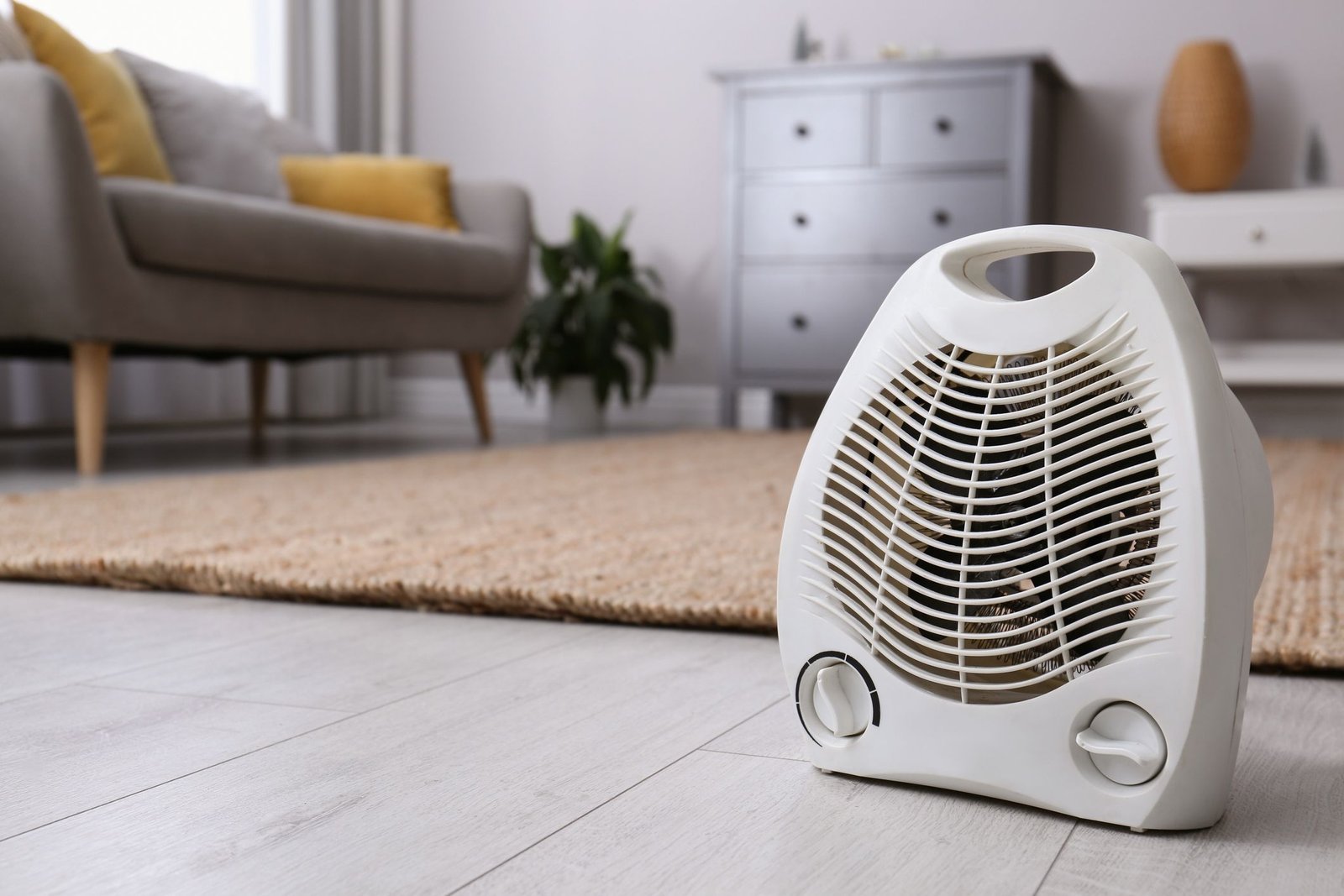 A modern space heater sits on a hardwood floor in a cozy living room.