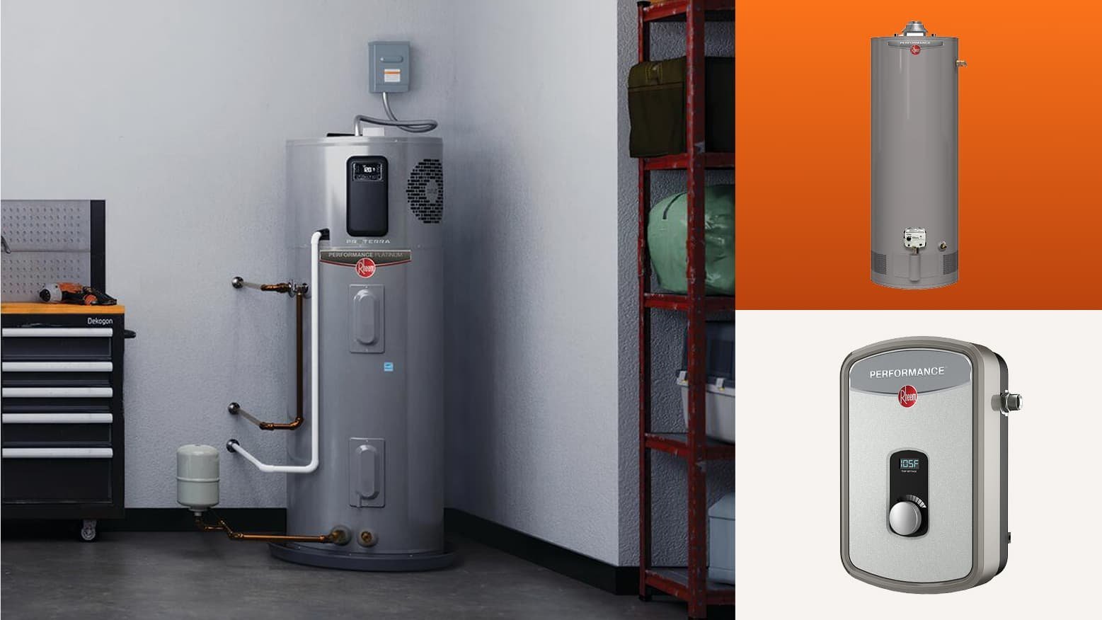 A person evaluating a modern electric water heater for their home utility room.