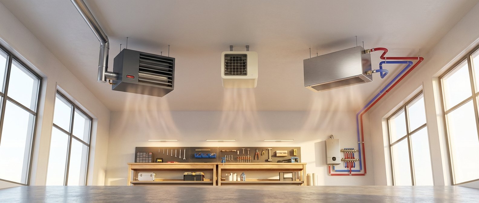 A selection of modern space heaters displayed in a bright, cozy living room.